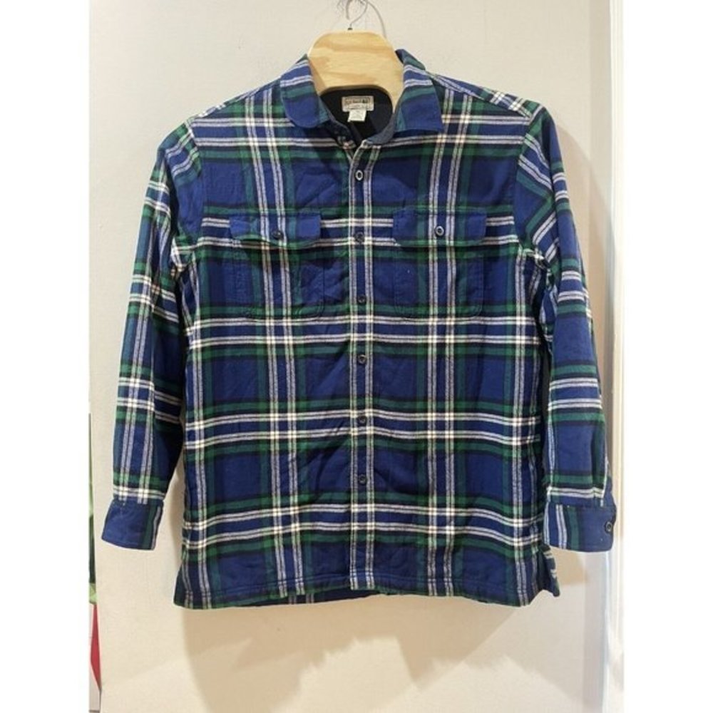 LL Bean Shacket Size L REG Flannel Blue Green Plaid Fleece Lined Shirt Jacket